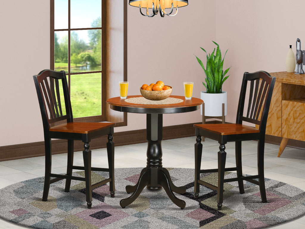 JACH3-6Y2-E 3-Piece Pub Dining Set Compact Round Table with Pedestal and Two Chairs, 36x36, Black and Cherry