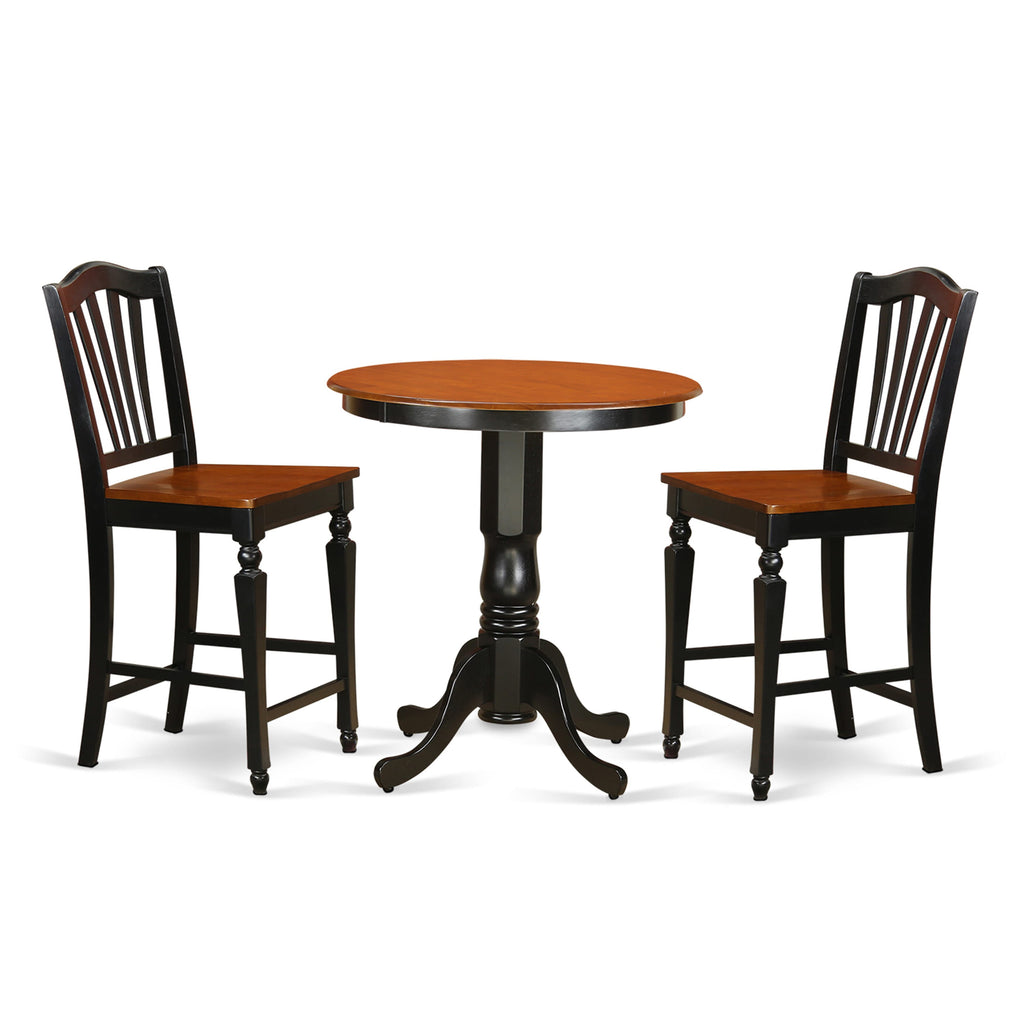 JACH3-6Y2-E 3-Piece Pub Dining Set Compact Round Table with Pedestal and Two Chairs, 36x36, Black and Cherry