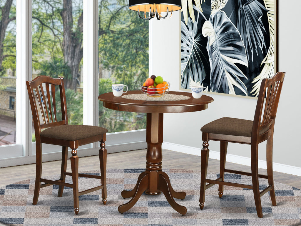 JACH3-N47-G 3-Piece Round High Dining Set with Pedestal Table and 2 Upholstered Chairs, Elegant Mahogany 36x36