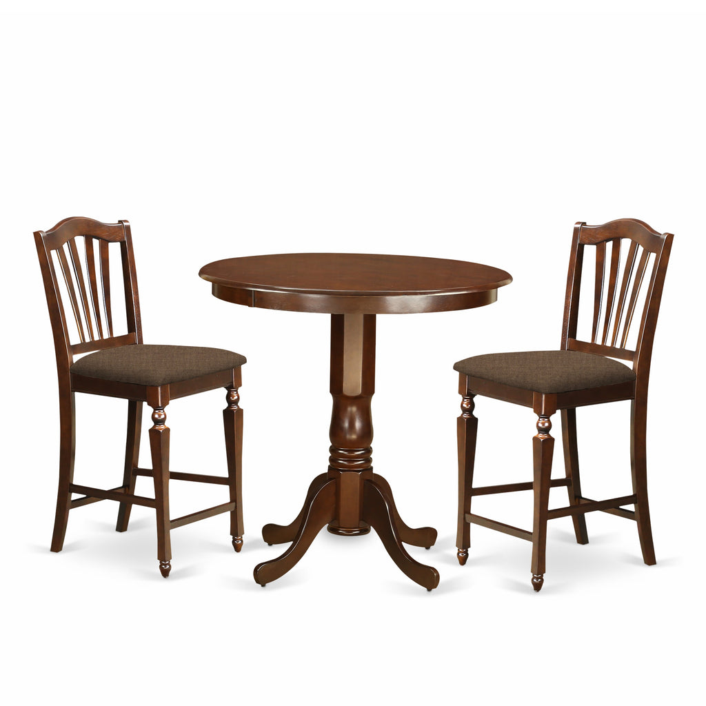 JACH3-N47-G 3-Piece Round High Dining Set with Pedestal Table and 2 Upholstered Chairs, Elegant Mahogany 36x36
