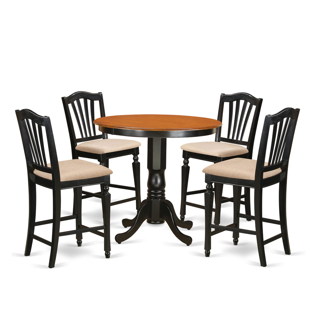 JACH5-BVY-O 5-Piece Counter Set with Round Pedestal Table & Upholstered Chairs, Black & Cherry