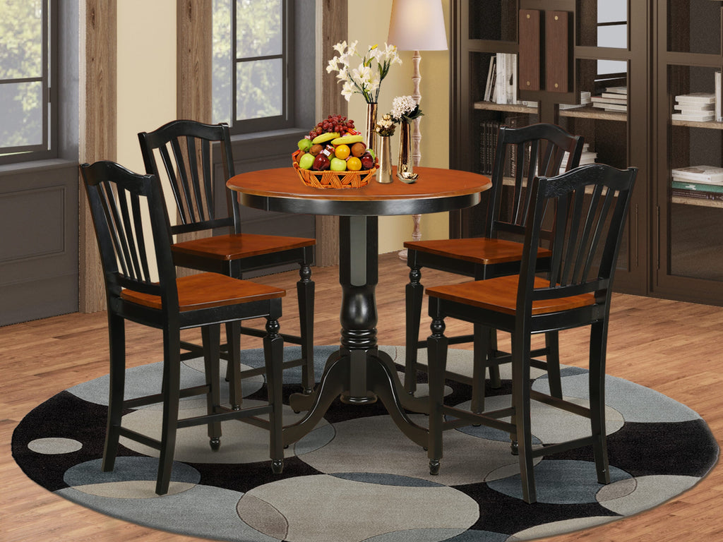 JACH5-MDY-K Elegant 5-Piece Dining Set - Round Pedestal Table with 4 Chairs, Black & Cherry Finish