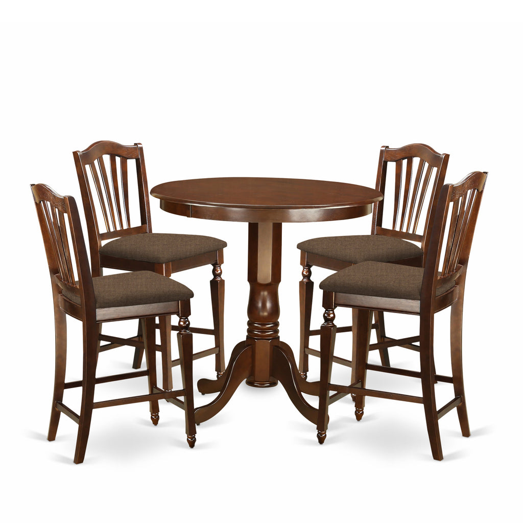 5-Piece Counter Set JACH5-S6T-P Round Table & 4 Linen Fabric Chairs, Rich Mahogany Finish