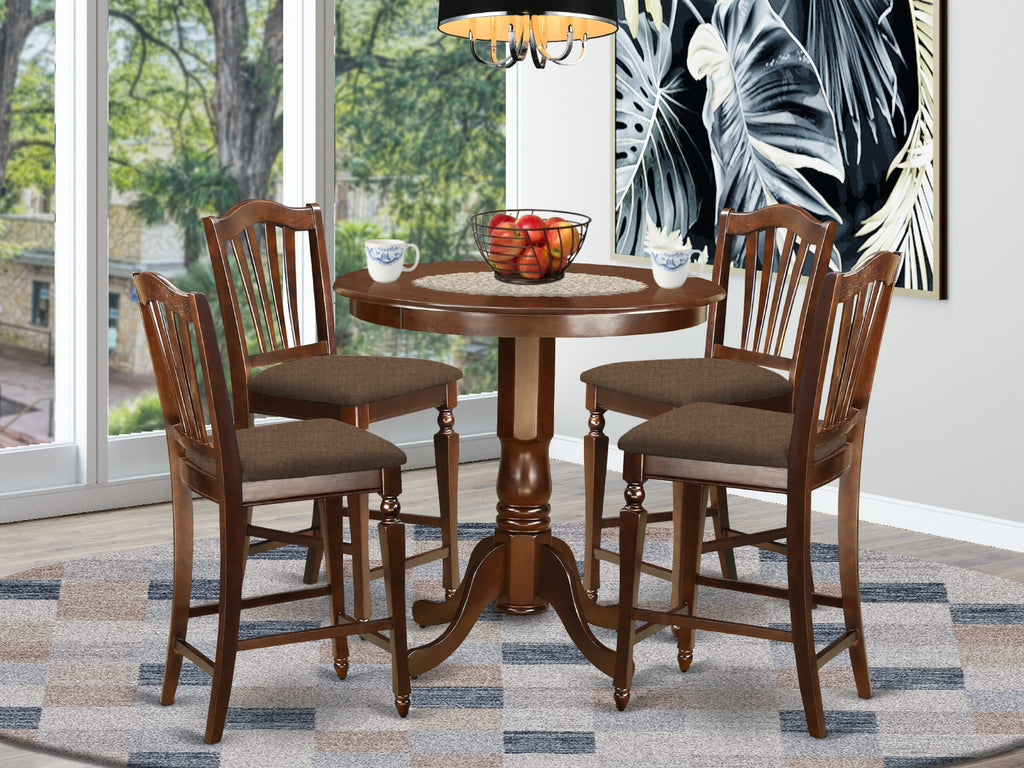 5-Piece Counter Set JACH5-S6T-P Round Table & 4 Linen Fabric Chairs, Rich Mahogany Finish