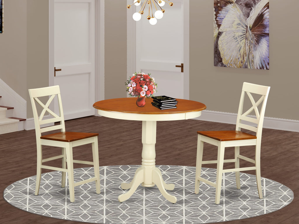 JAQU3-EZU-O 3-Piece Round Counter Dining Set with Pedestal Table and Two Chairs, Buttermilk & Cherry