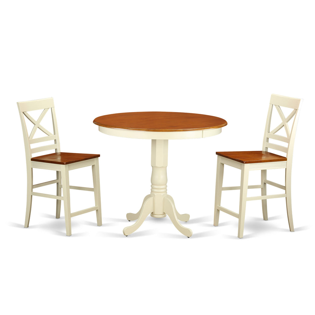 JAQU3-EZU-O 3-Piece Round Counter Dining Set with Pedestal Table and Two Chairs, Buttermilk & Cherry