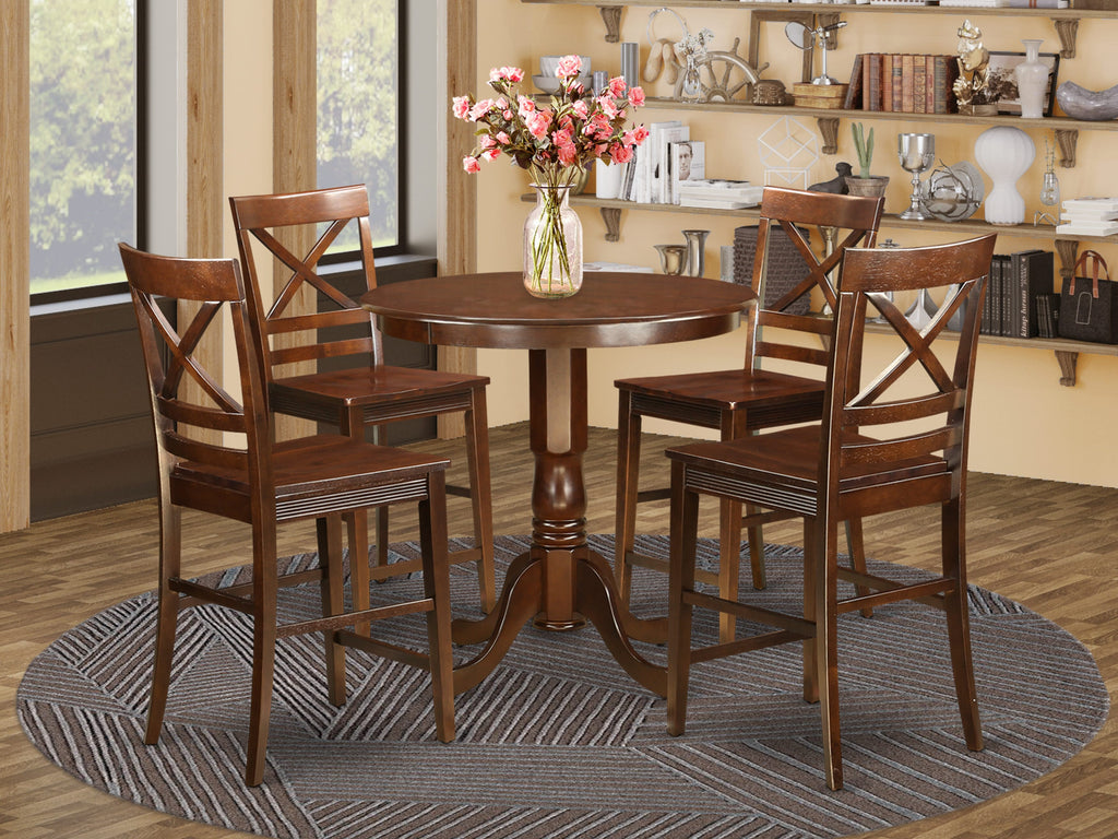 Dining Room Ensemble set JAQU5-S3O-E Circular Table with Stand and Four Charis, 36x36 Inch, Mahogany Finish
