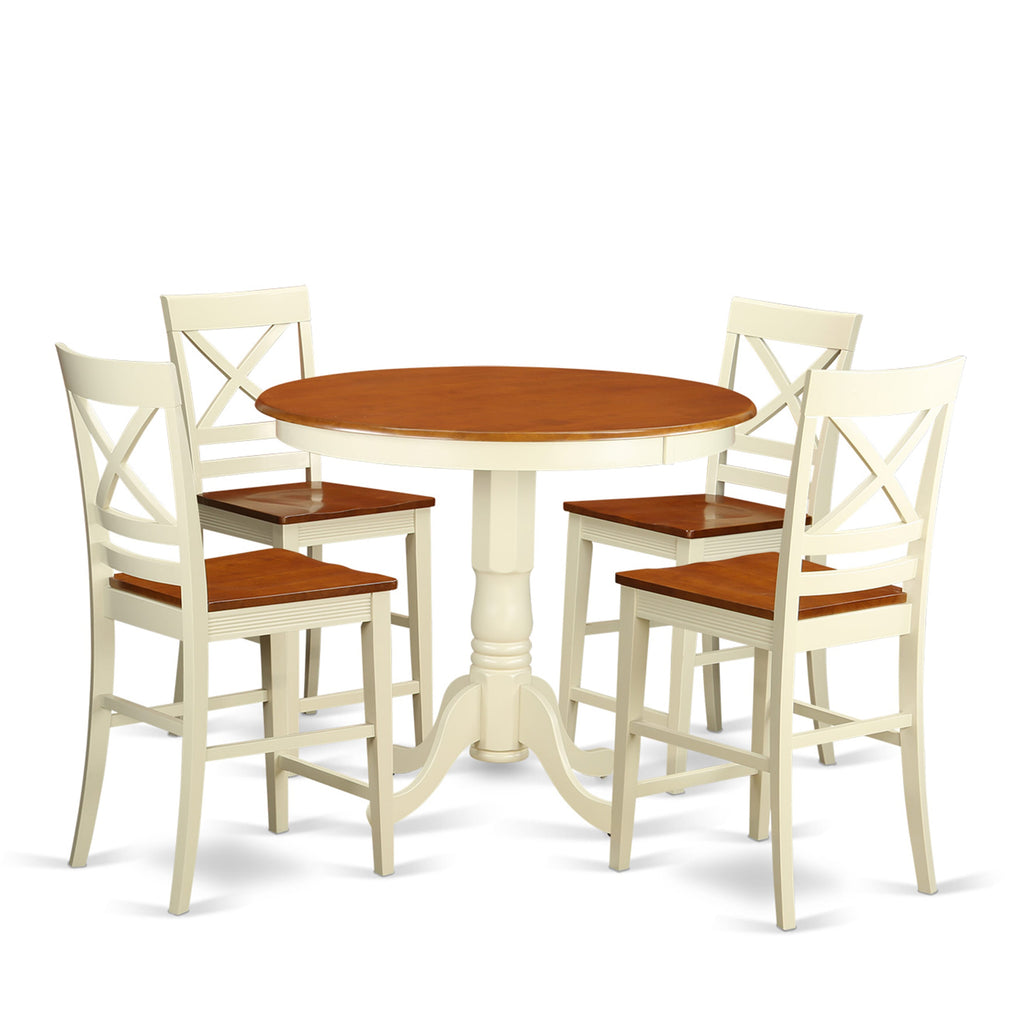 JAQU5-UCG-C Countertop Height Dining Ensemble 5-Piece Set with Round Base Table and 4 Chairs in Buttermilk & Cherry Finish