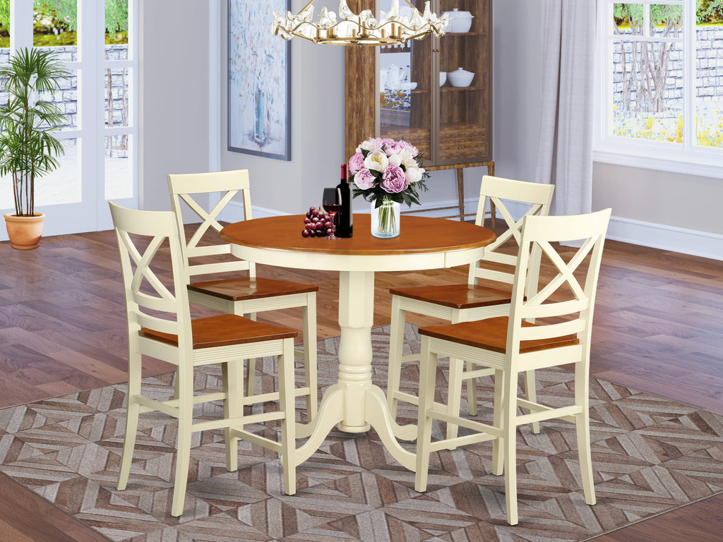 JAQU5-UCG-C Countertop Height Dining Ensemble 5-Piece Set with Round Base Table and 4 Chairs in Buttermilk & Cherry Finish