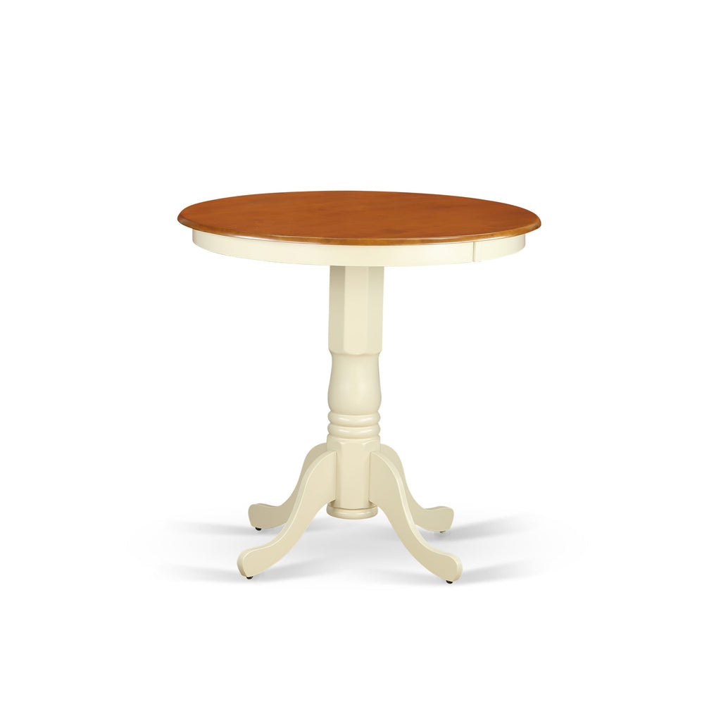 JAQU3-EZU-O 3-Piece Round Counter Dining Set with Pedestal Table and Two Chairs, Buttermilk & Cherry