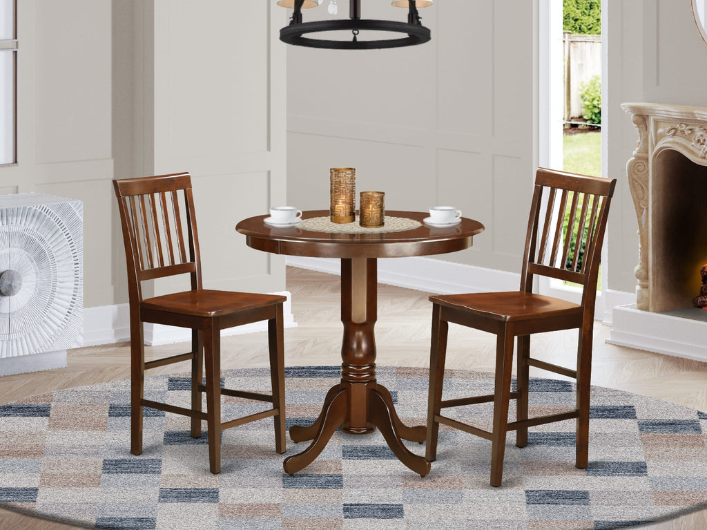 Versatile JAVN3-HA6-6 Kitchen Setup Trio with Pedestal Table & Dining Chairs for Limited Areas in Warm Brown