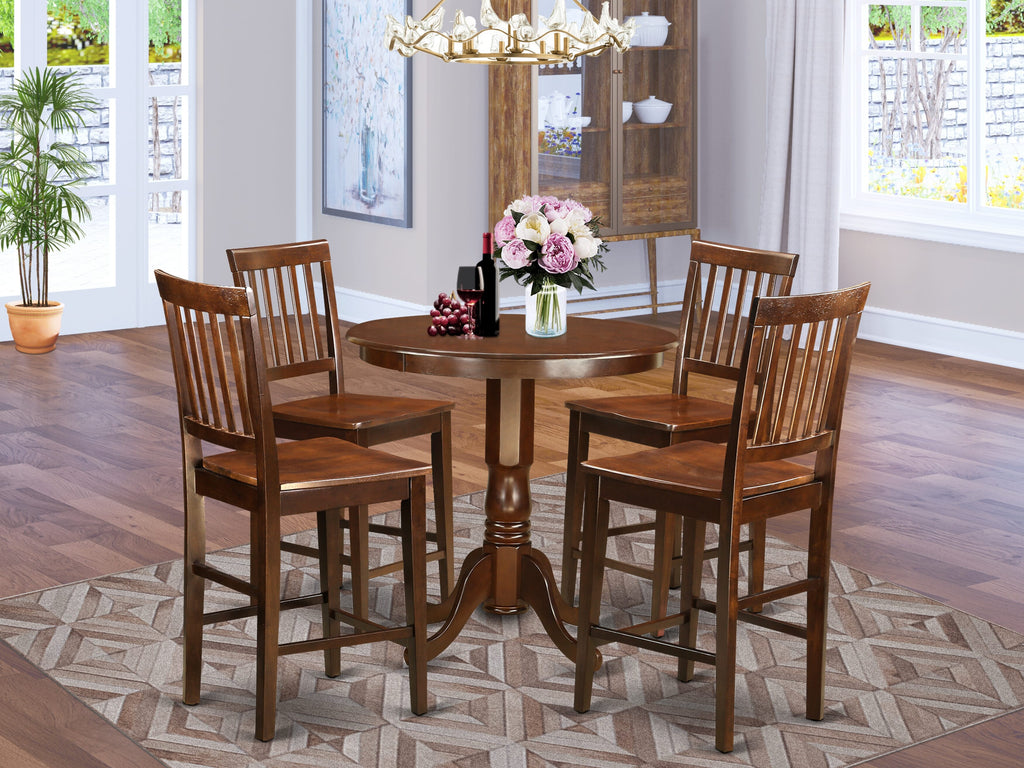 JAVN5-M89-4 Solid Mahogany 5-Piece Compact Round Dining Set with Chairs and Pedestal Table, 36 F