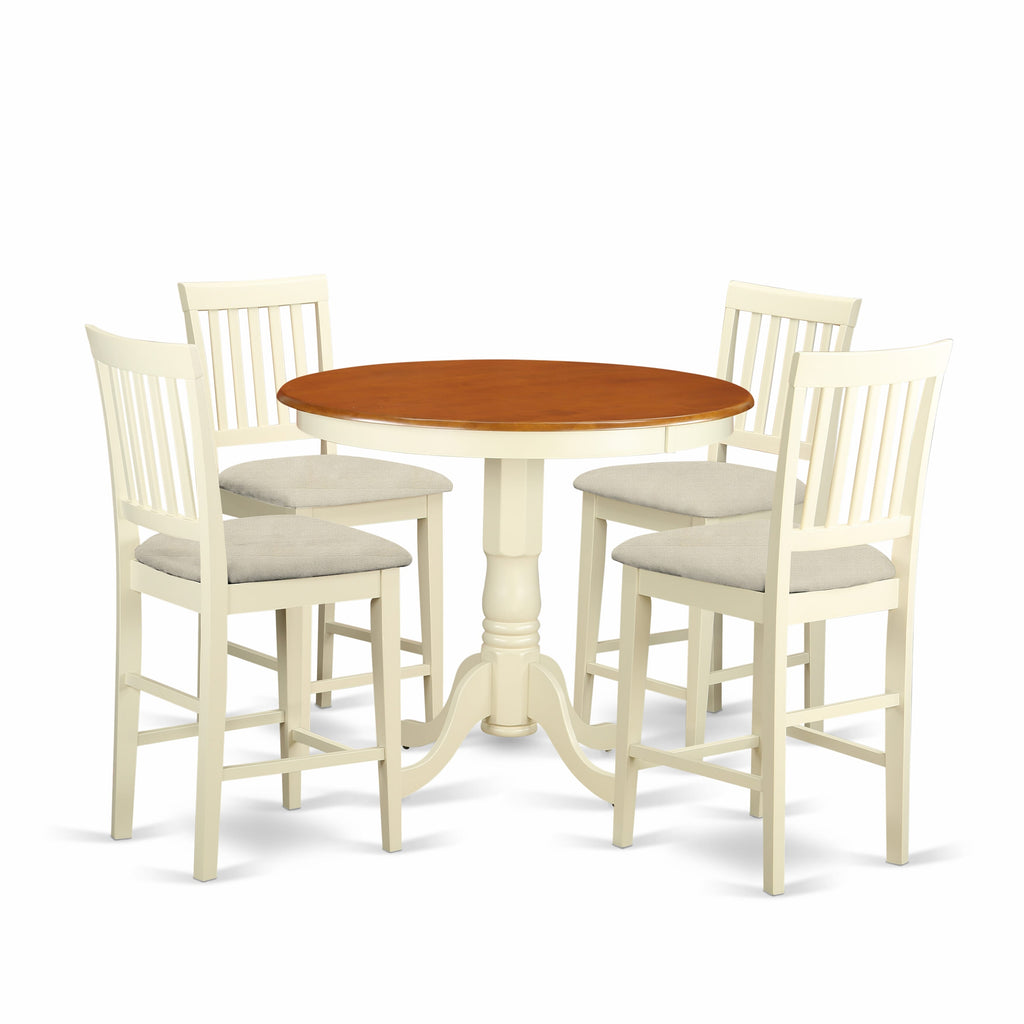JAVN5-V0W-H Elegant 5-Piece Counter Set with Round Wooden Table Pedestal & Linen Chairs, Buttermilk Cherry