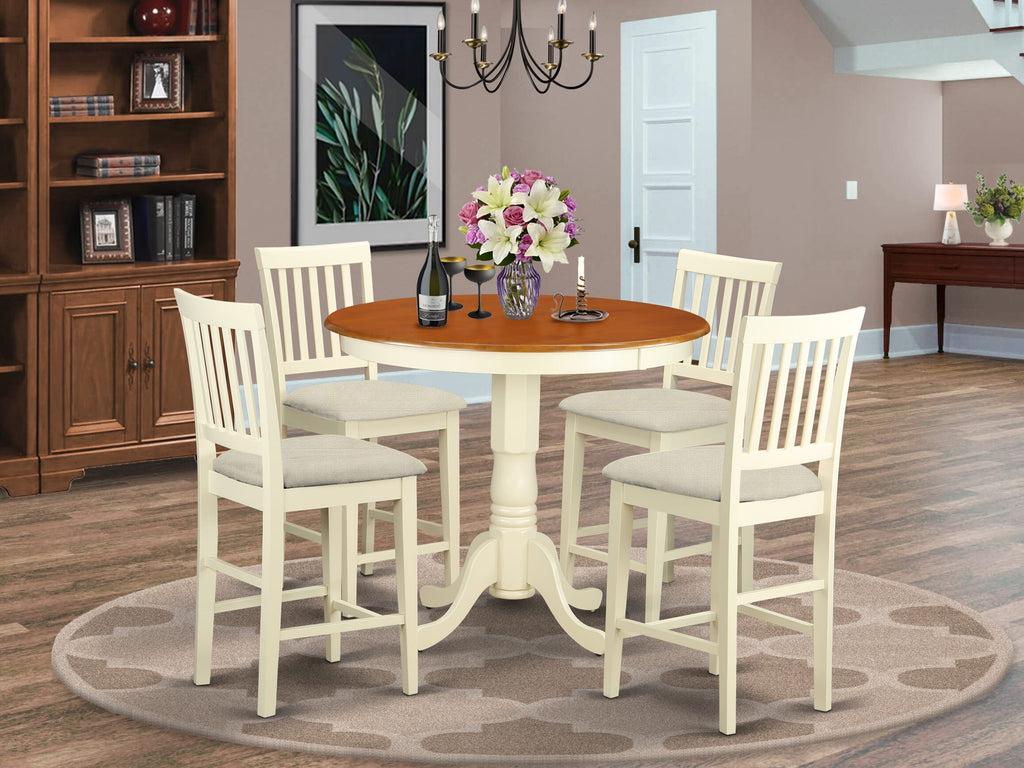JAVN5-V0W-H Elegant 5-Piece Counter Set with Round Wooden Table Pedestal & Linen Chairs, Buttermilk Cherry