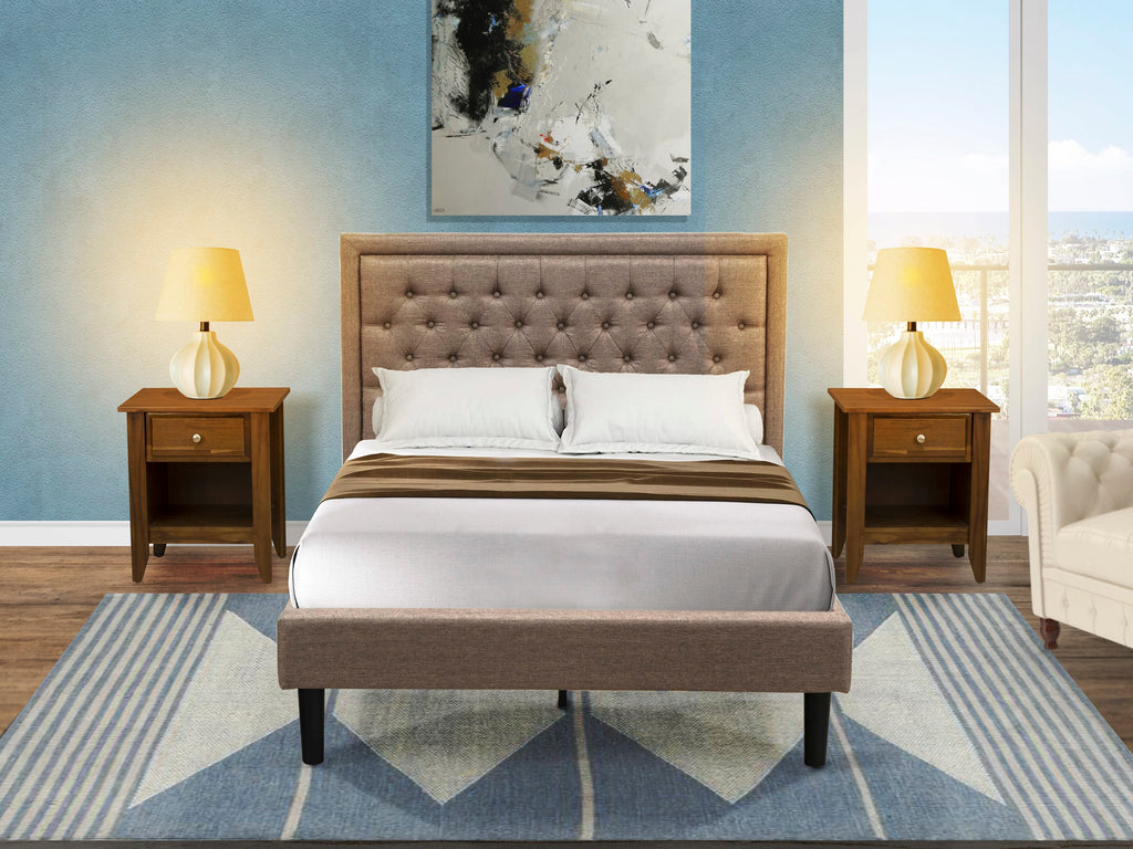 KD16F-1XE91 3 Piece Bedroom Collection Full Bed with Quilted Dark Khaki Fabric Headboard and Twin Nightstands in Black Wood Finish