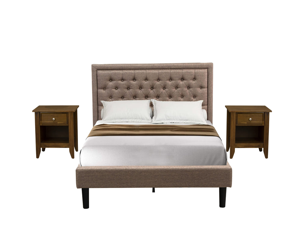 KD16F-1XE91 3 Piece Bedroom Collection Full Bed with Quilted Dark Khaki Fabric Headboard and Twin Nightstands in Black Wood Finish