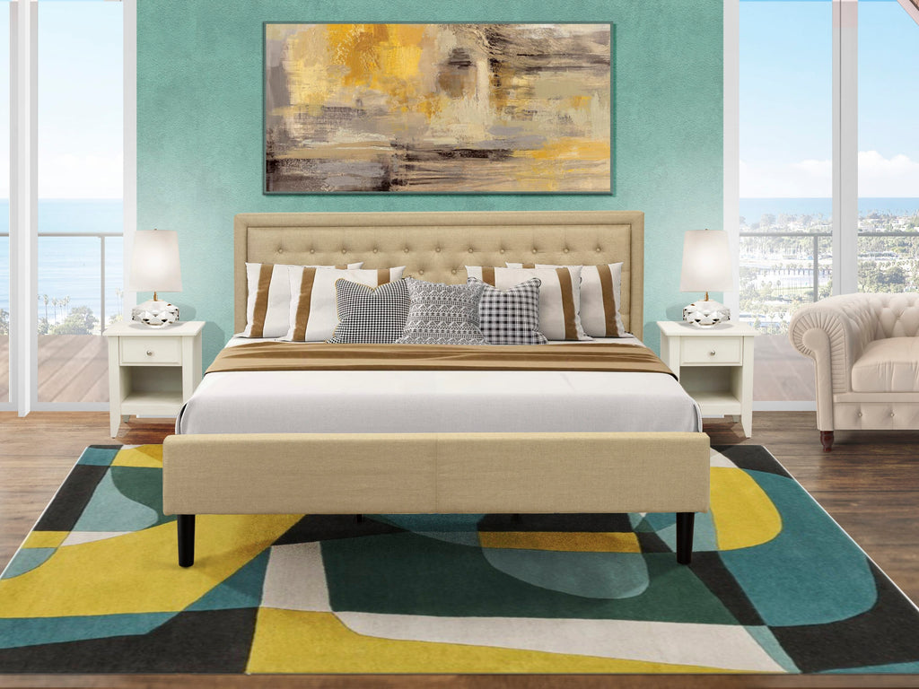 KD16K-HQ5ZA King Bed Set with Khaki Button Tufted Headboard and Pair of Nightstands