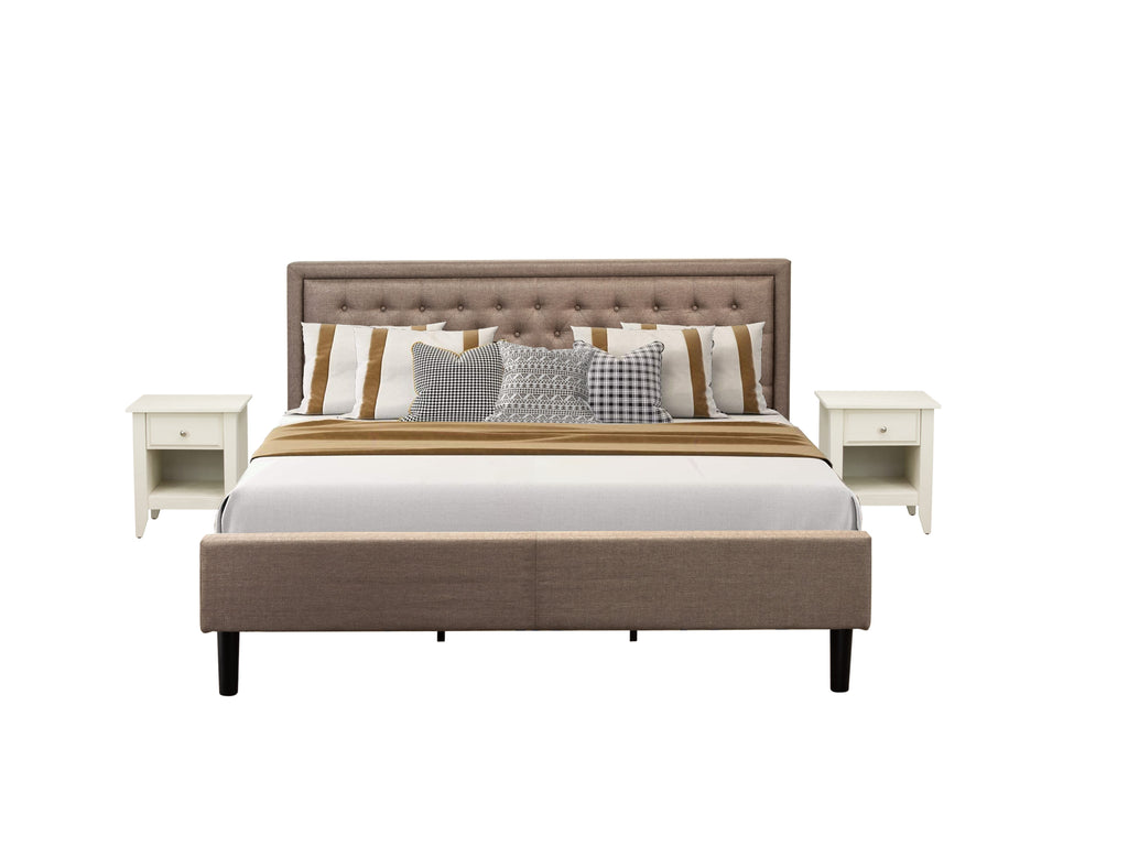 KD16K-HQ5ZA King Bed Set with Khaki Button Tufted Headboard and Pair of Nightstands