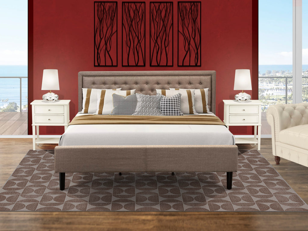 KD16K-GWOR7 Bed Ensemble Wood Frame Dark Khaki Linen Bed with Tufted Headboard & Pair Of Nightstands