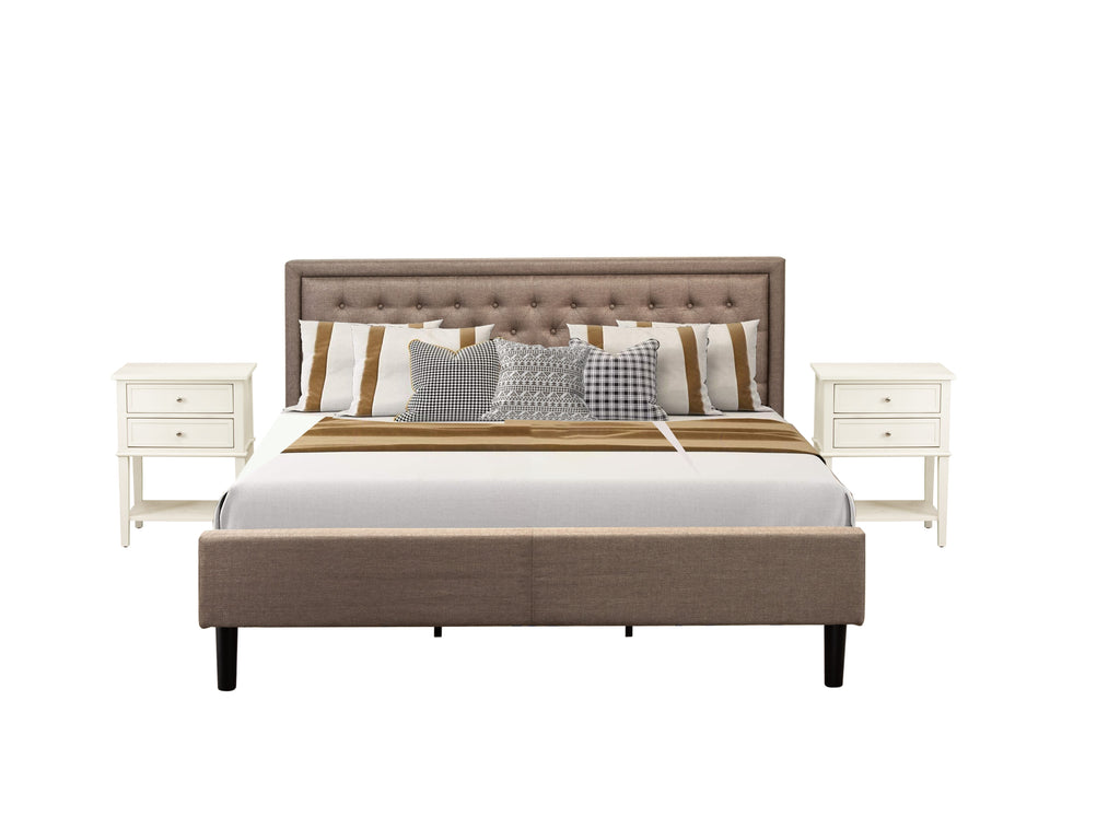KD16K-GWOR7 Bed Ensemble Wood Frame Dark Khaki Linen Bed with Tufted Headboard & Pair Of Nightstands
