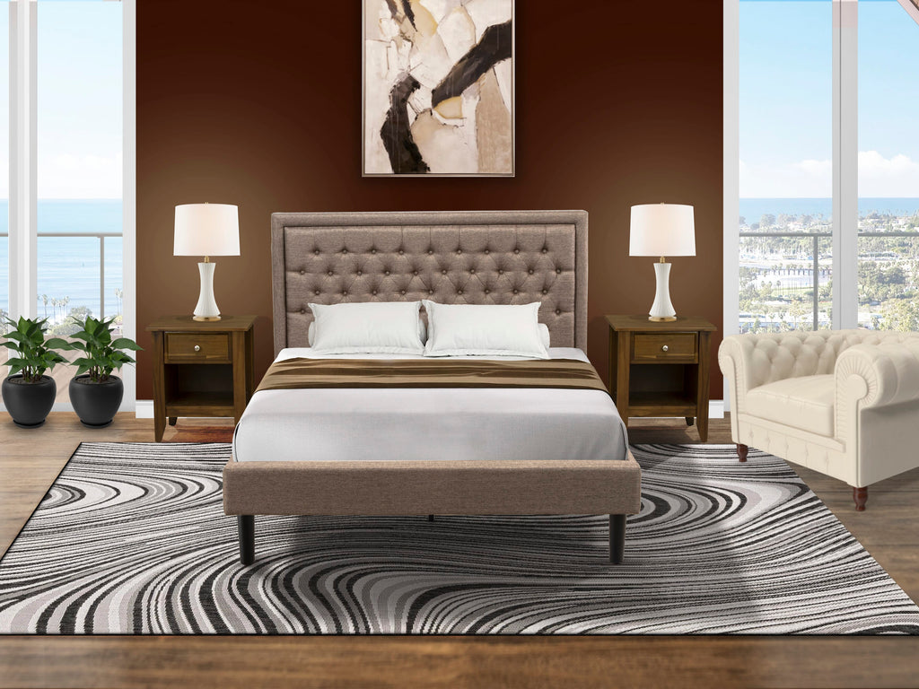 Stylish Bedroom Set KD16Q-D8DIZ 3-Piece Ensemble with a Queen Bed Featuring Elegant Khaki Linen Upholstery & Tufted Headboard, Plus Two Sophisticated Nightstands in Black