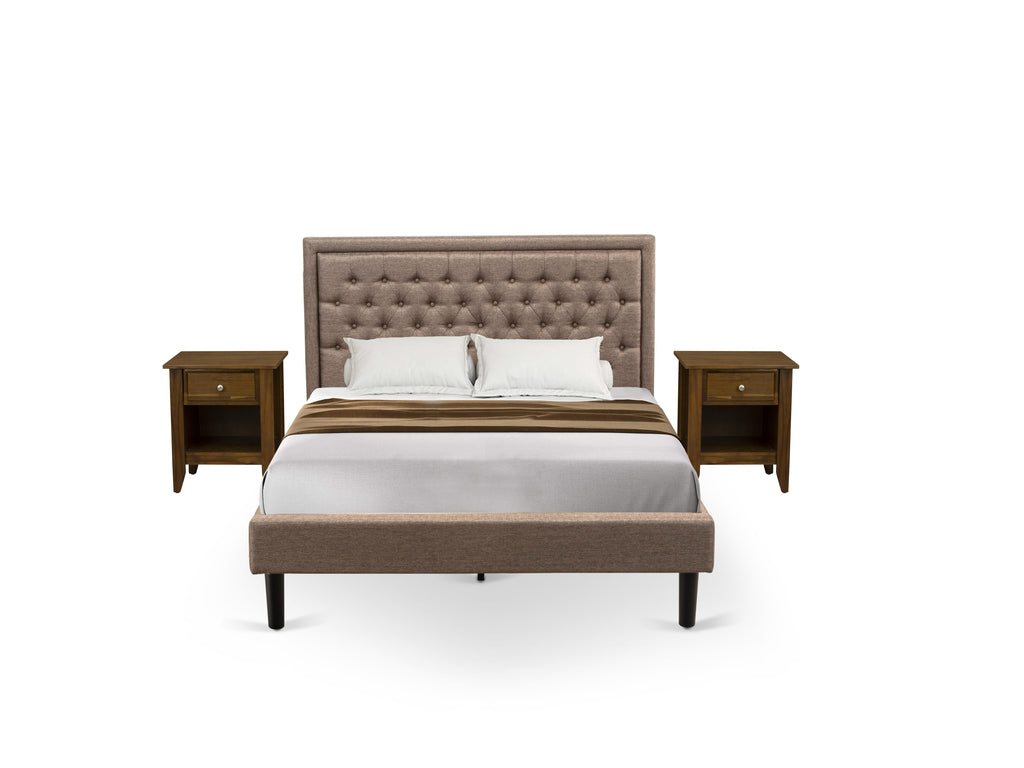 Stylish Bedroom Set KD16Q-D8DIZ 3-Piece Ensemble with a Queen Bed Featuring Elegant Khaki Linen Upholstery & Tufted Headboard, Plus Two Sophisticated Nightstands in Black