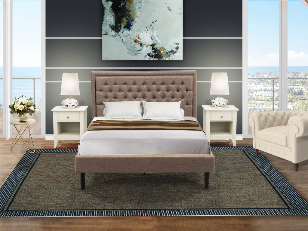 KD16Q-LKPJK Elegant Queen Bed Set Khaki Linen Upholstery, Stylish Tufted Headboard & Pair of Sleek Nightstands