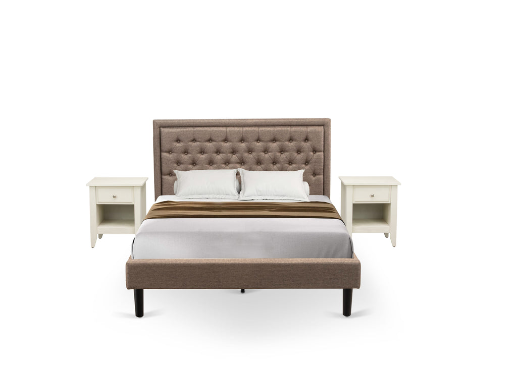 KD16Q-LKPJK Elegant Queen Bed Set Khaki Linen Upholstery, Stylish Tufted Headboard & Pair of Sleek Nightstands