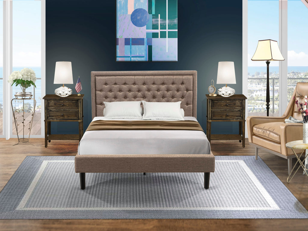 KD16Q-X7N4C Queen Bed Ensemble Khaki Linen Bed Frame with Tufted Headboard, Set of Nightstands