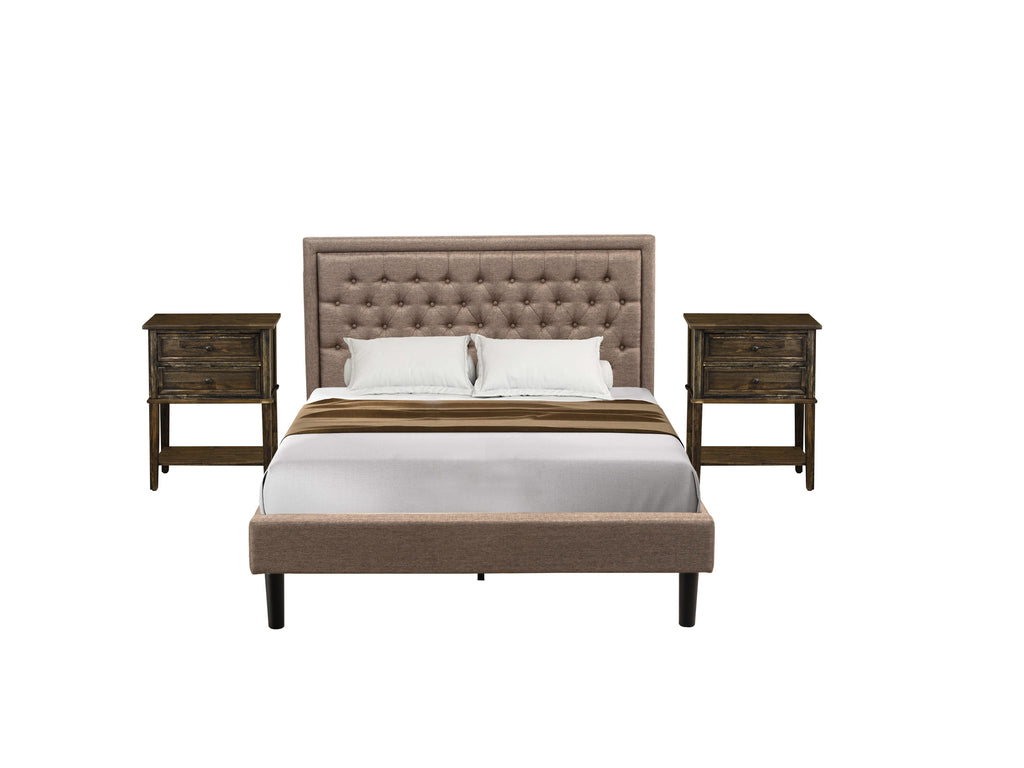 KD16Q-X7N4C Queen Bed Ensemble Khaki Linen Bed Frame with Tufted Headboard, Set of Nightstands