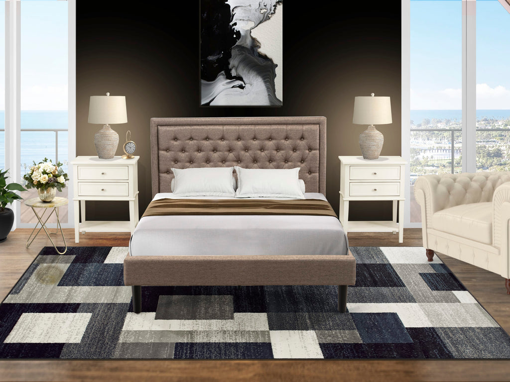 KD16Q-0U8L4 Queen Suite Padded Tufted Bed & Two Sleek Side Tables with Dark Accents