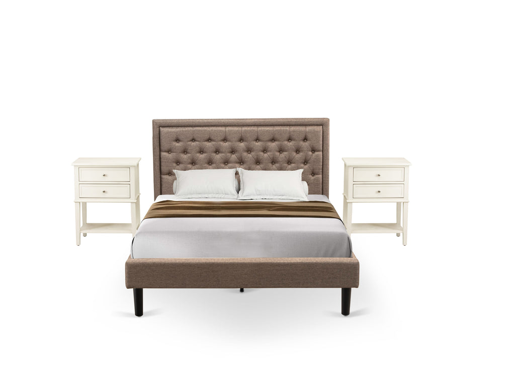 KD16Q-0U8L4 Queen Suite Padded Tufted Bed & Two Sleek Side Tables with Dark Accents