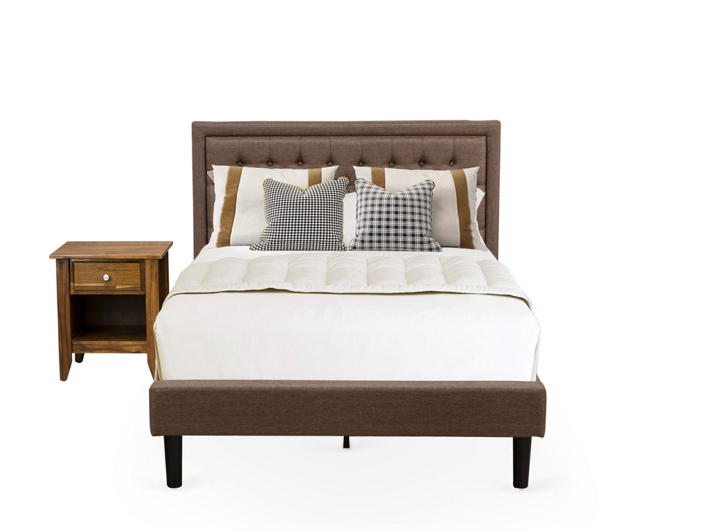 KD18F-Z4G2I Charming Bedroom Furnishing Duo - Padded Full Bed Frame with Elegant Brown Fabric and Tufted Headboard Paired with Stylish Nightstand with Drawer