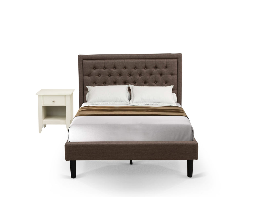 KD18F-Z825Y - Plush Brown Wood Bed Frame & Nightstand Set with Upholstered Tufted Headboard & Sleek Black Legs