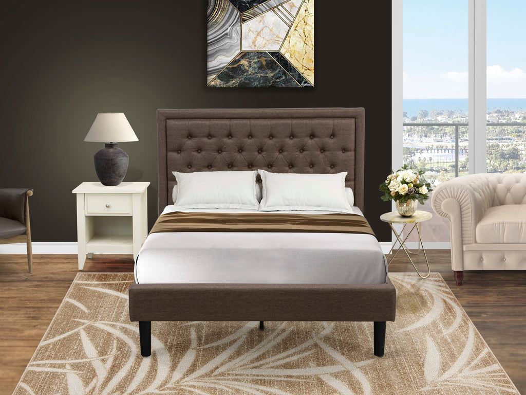 KD18F-Z825Y - Plush Brown Wood Bed Frame & Nightstand Set with Upholstered Tufted Headboard & Sleek Black Legs