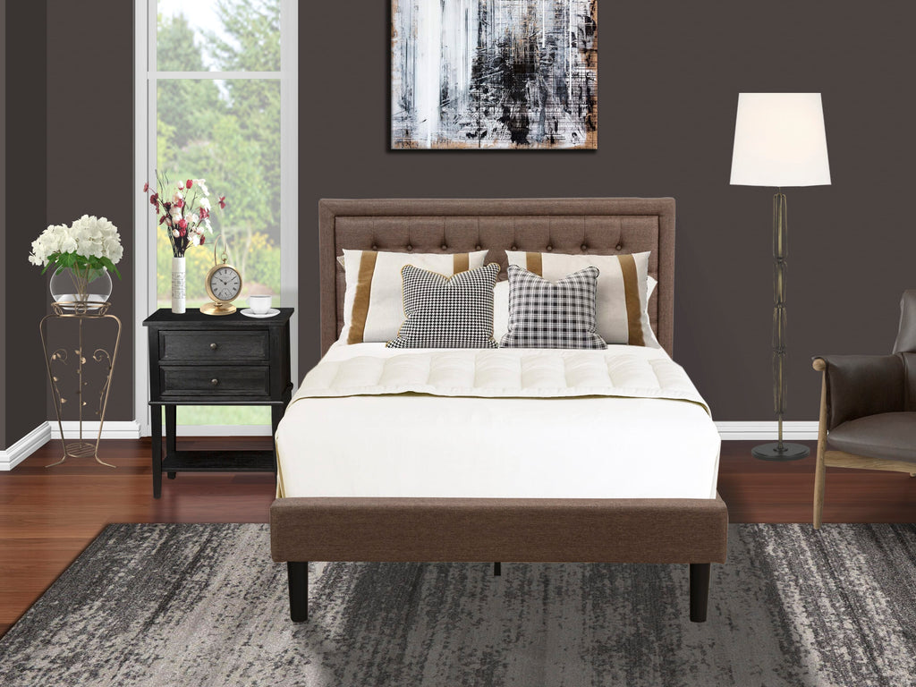 KD-18F-EIX83 3 Piece Set - Brown Linen Bed Frame with Upholstered Headboard and Elegant Nightstand in Bedroom