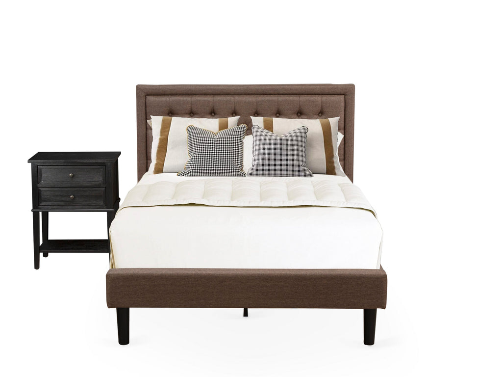 KD-18F-EIX83 3 Piece Set - Brown Linen Bed Frame with Upholstered Headboard and Elegant Nightstand in Bedroom