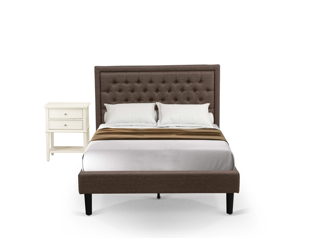 KD18F-3BR0Q Complete Full Bed Combo - Cozy Brown Linen Bed Frame with Tufted Headboard and Stylish Black Night Stand