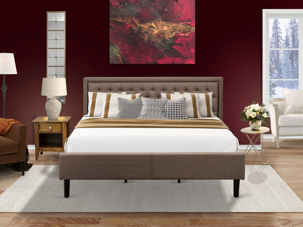 KD18K-X12C7 2-Piece King Bedroom Ensemble - Stylish King Bed with Button Tufted Brown Linen Headboard & Matching Nightstand with Drawer in Black Legs