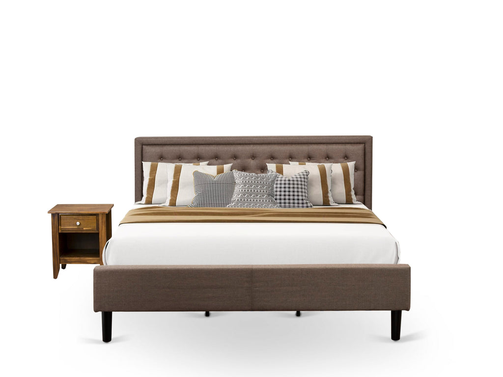 KD18K-X12C7 2-Piece King Bedroom Ensemble - Stylish King Bed with Button Tufted Brown Linen Headboard & Matching Nightstand with Drawer in Black Legs