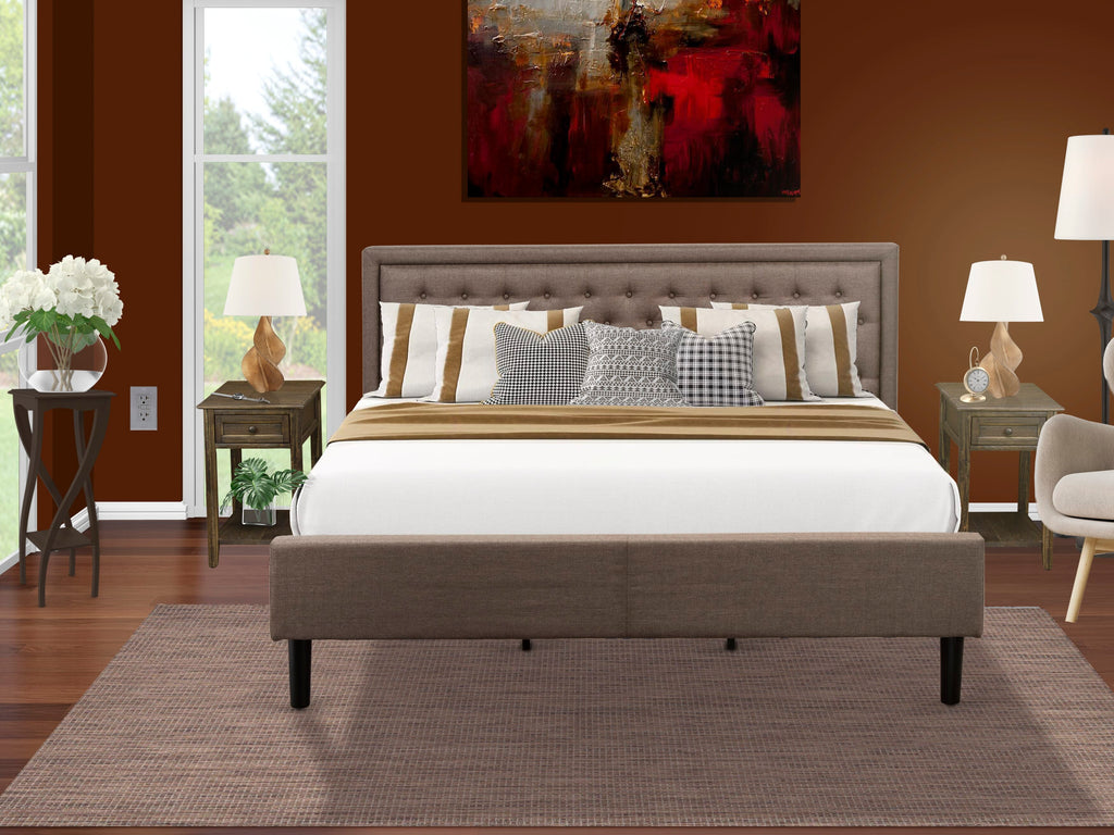 KD18K-ZWK9Z King Bed Ensemble Tufted Brown Linen Headboard and Pair of Black-Leg Night Stands