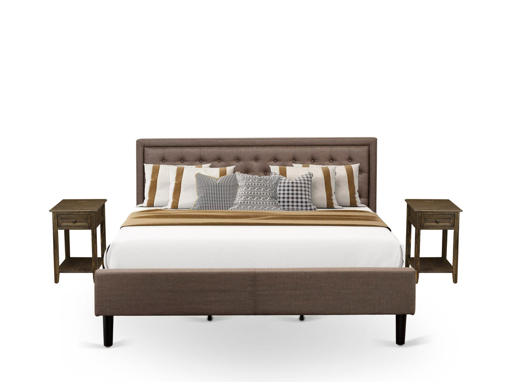 KD18K-ZWK9Z King Bed Ensemble Tufted Brown Linen Headboard and Pair of Black-Leg Night Stands
