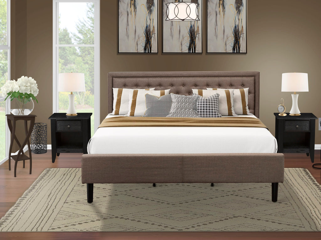 KD18K-J3DUP 3 Piece King Platform Bedroom Ensemble with Brown Upholstered Headboard and Dual Nightstands in Black