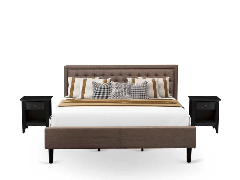 KD18K-J3DUP 3 Piece King Platform Bedroom Ensemble with Brown Upholstered Headboard and Dual Nightstands in Black