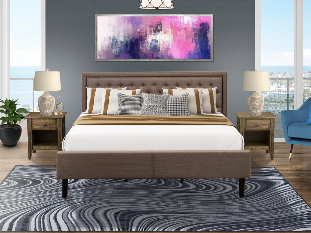 KD18K-Q4EFI 3 Piece King Bedroom Ensemble with Brown Upholstered Headboard & 2 Black Nightstands