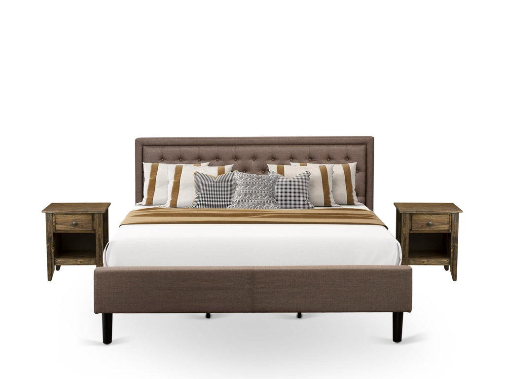 KD18K-Q4EFI 3 Piece King Bedroom Ensemble with Brown Upholstered Headboard & 2 Black Nightstands