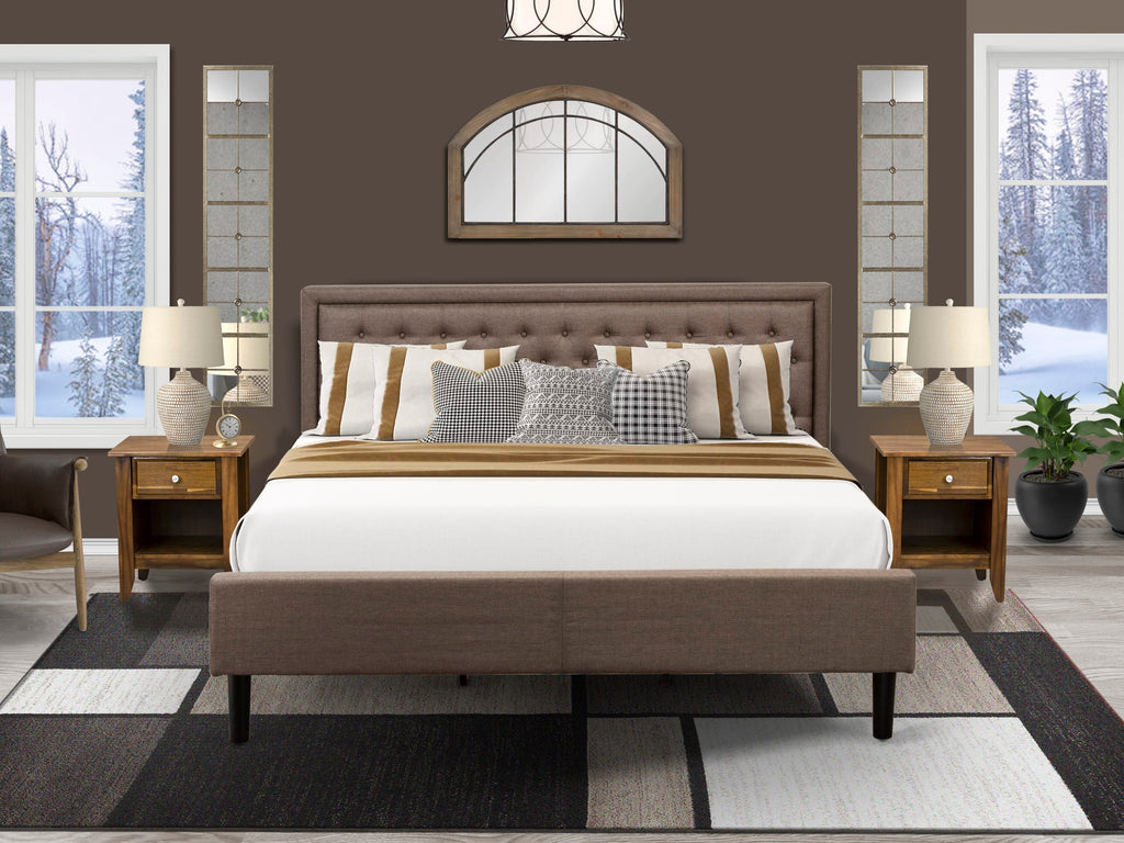 KD18K-5QK9X Elegant 3 Pc Set King Size Bed with Tufted Headboard in Brown Fabric & Two Sleek Black Wooden Nightstands