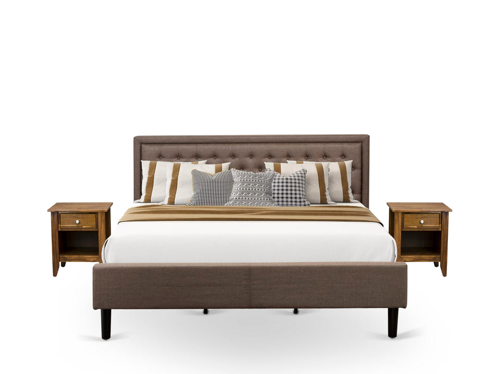 KD18K-5QK9X Elegant 3 Pc Set King Size Bed with Tufted Headboard in Brown Fabric & Two Sleek Black Wooden Nightstands