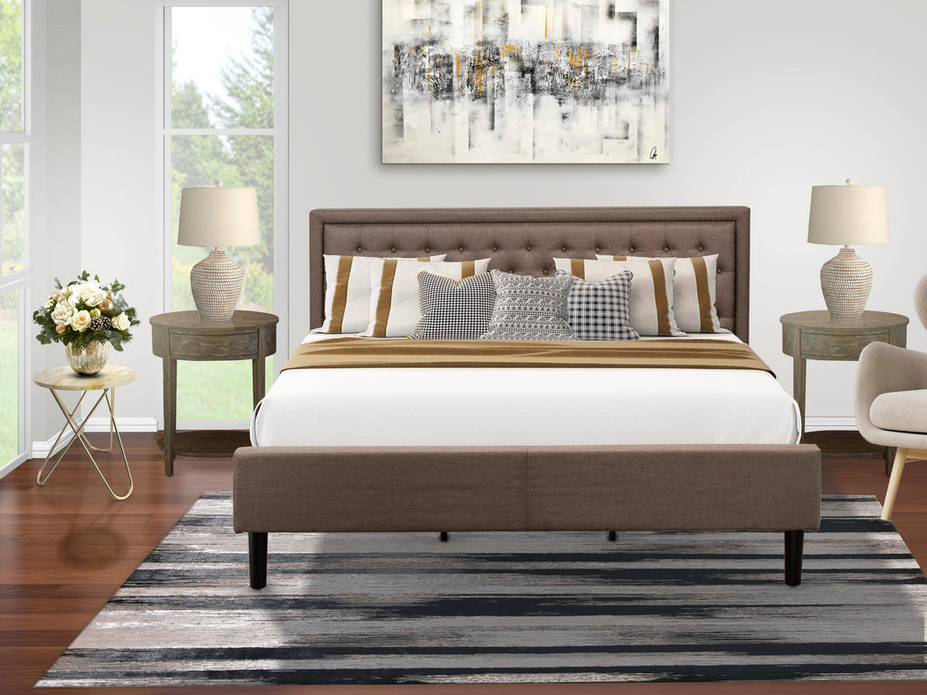 KD18K-BBFSG 3 Pc Vintage King Sleeping Ensemble - Upholstered Brown Linen Headboard & Two Black Side Tables - Classic Drawer Design