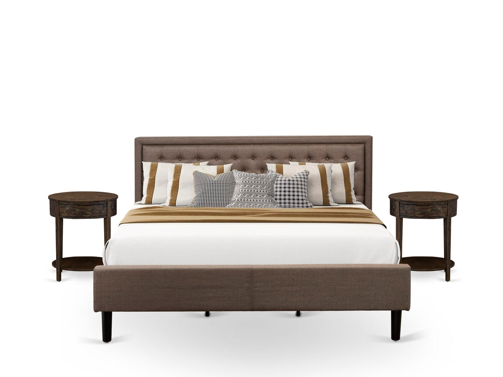KD18K-BBFSG 3 Pc Vintage King Sleeping Ensemble - Upholstered Brown Linen Headboard & Two Black Side Tables - Classic Drawer Design